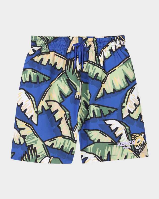 Boy's Jungle-Print Swim Shorts, Size 2-4
